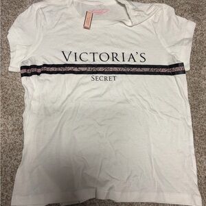 NWT Victoria's Secret White Black Pink Lace Design Short Sleeve Logo Tee T-Shirt